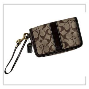 Coach Signature Jacquard Foldover Wristlet Clutch with Brown Leather Trim
